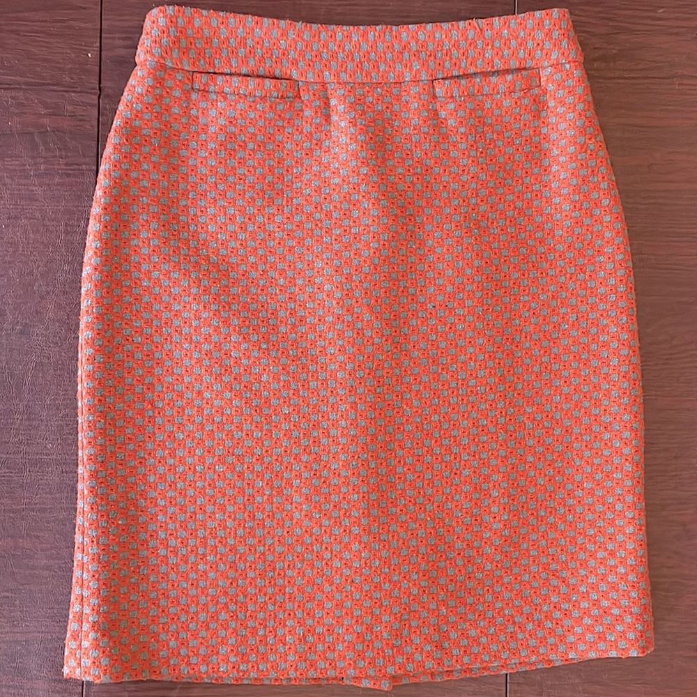 Jade Melody Tam orange and gray tweed midi skirt. Back zip & slit. Lined, size 4